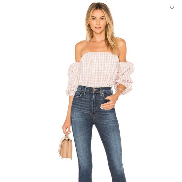 NWT L'Academie The Puff Sleeve blouse in taupe gingham size small - Picture 4 of 10